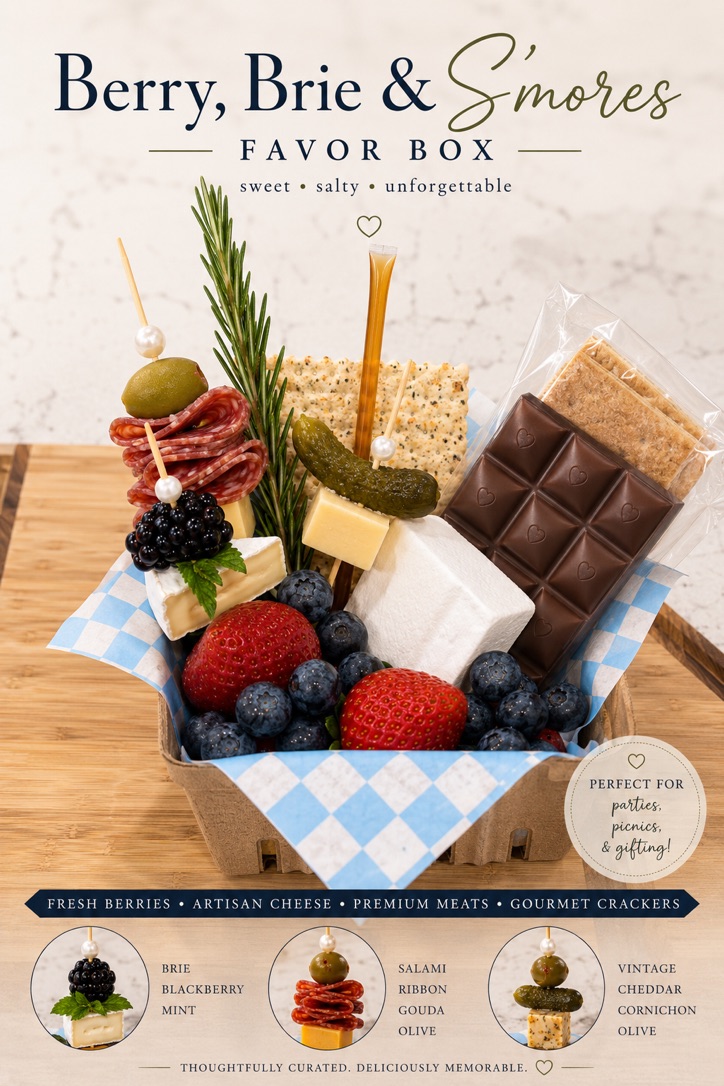 A playful favor box balancing fresh berries, artisan cheese, charcuterie, and chocolate.